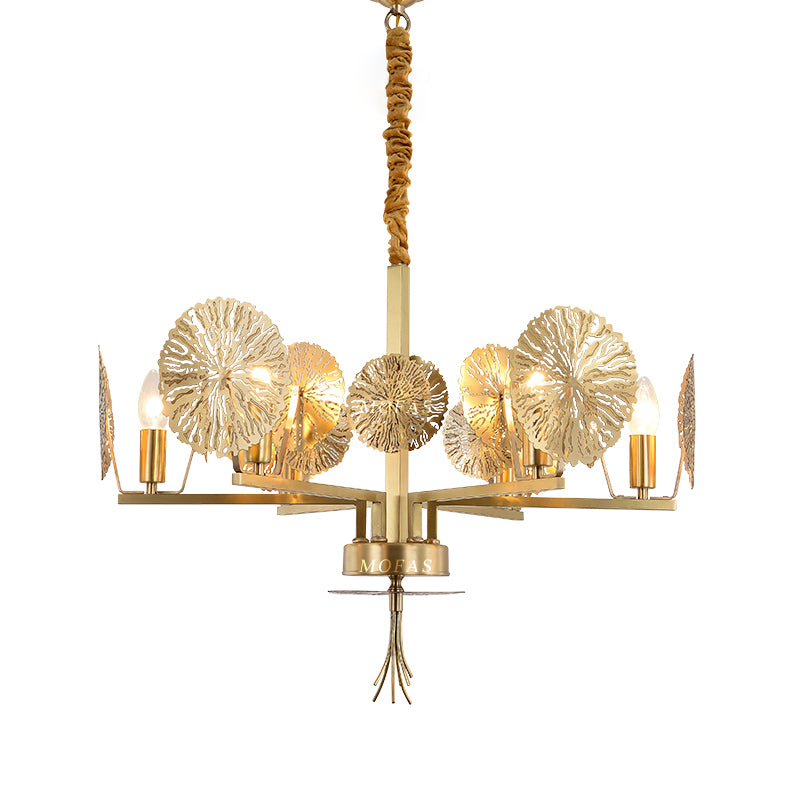 Colonial Lotus Pendant Ceiling Light 6/8 Heads Metal Chandelier Lighting Fixture in Gold for Living Room