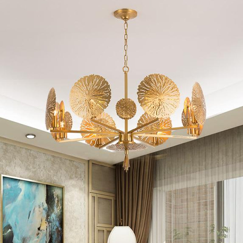 Colonial Lotus Pendant Ceiling Light 6/8 Heads Metal Chandelier Lighting Fixture in Gold for Living Room