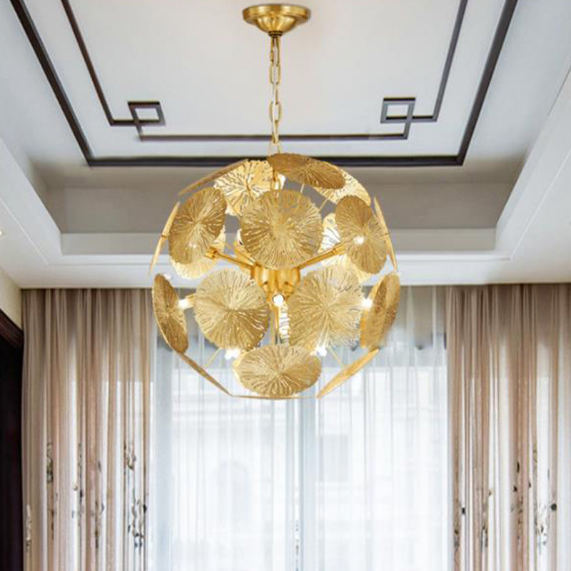 12/20 Bulbs Metal Chandelier Lamp Colonial Gold Spherical Living Room Hanging Ceiling Light