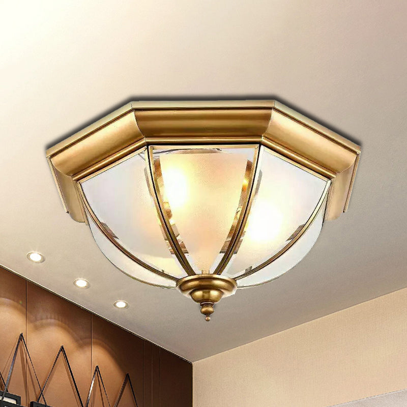 3 Lights Flushmount Colonialism Bowl Shade Frosted Glass Flush Ceiling Light in Brass