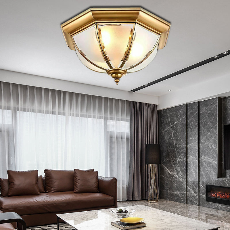 3 Lights Flushmount Colonialism Bowl Shade Frosted Glass Flush Ceiling Light in Brass