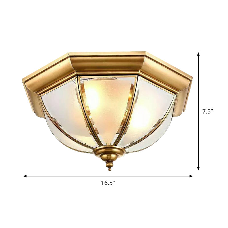 3 Lights Flushmount Colonialism Bowl Shade Frosted Glass Flush Ceiling Light in Brass