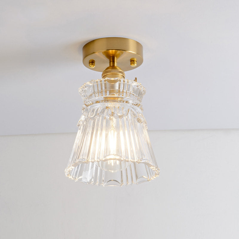 Colonialism Conical Flush Mount Lighting 1 Light Clear Ribbed Glass Ceiling Fixture