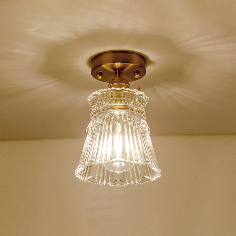 Colonialism Conical Flush Mount Lighting 1 Light Clear Ribbed Glass Ceiling Fixture