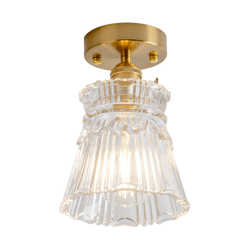 Colonialism Conical Flush Mount Lighting 1 Light Clear Ribbed Glass Ceiling Fixture