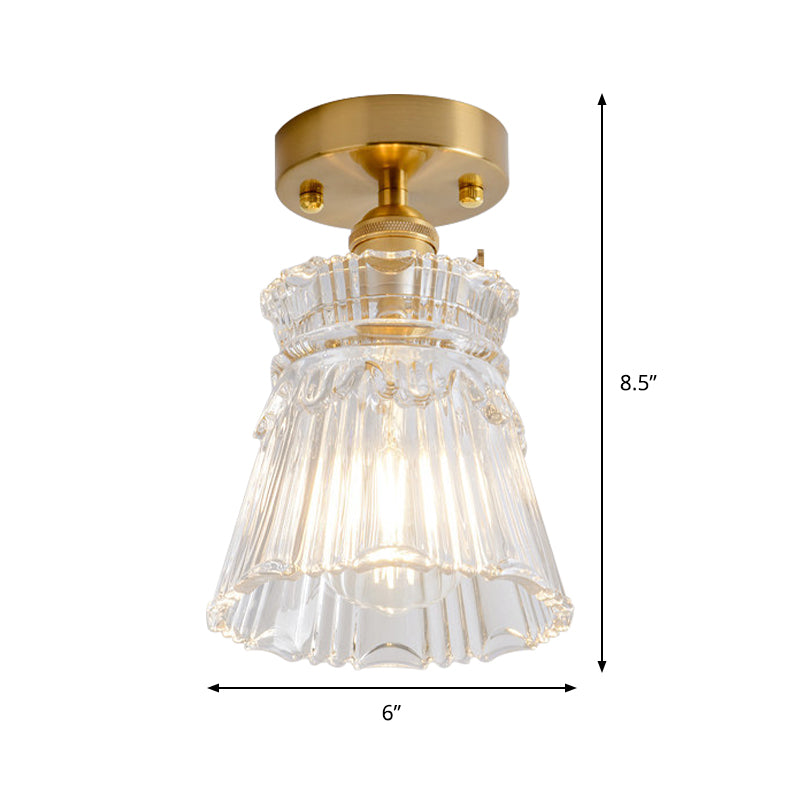 Colonialism Conical Flush Mount Lighting 1 Light Clear Ribbed Glass Ceiling Fixture