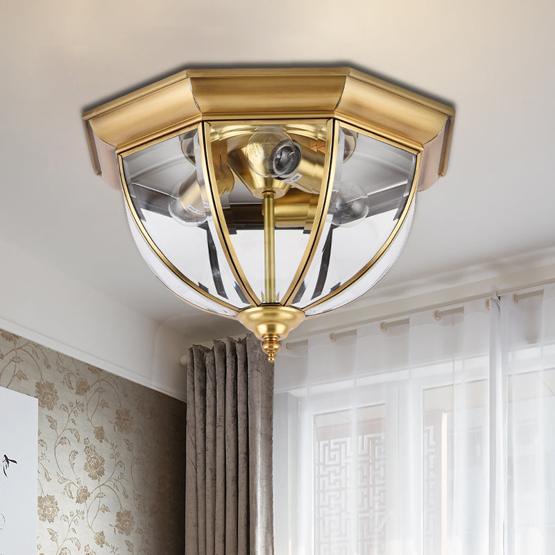 3 Lights Clear Glass Flush Mount Lighting Colonial Style Brass Domed Bedroom Flush Ceiling Light