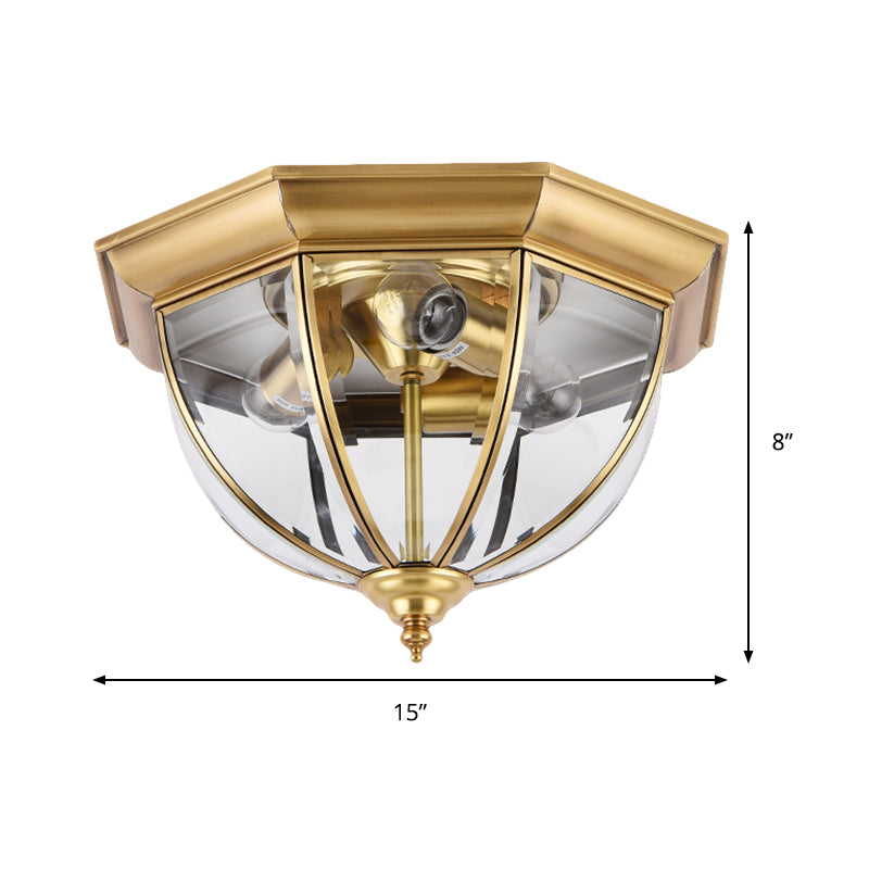 3 Lichten Helder Glas Flush Mount Verlichting Koloniale Stijl Messing Domed Slaapkamer Flush Plafond Licht