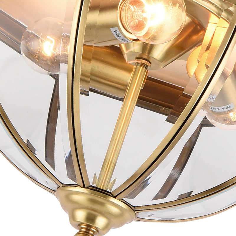 3 Lights Clear Glass Flush Mount Lighting Colonial Style Brass Domed Bedroom Flush Ceiling Light