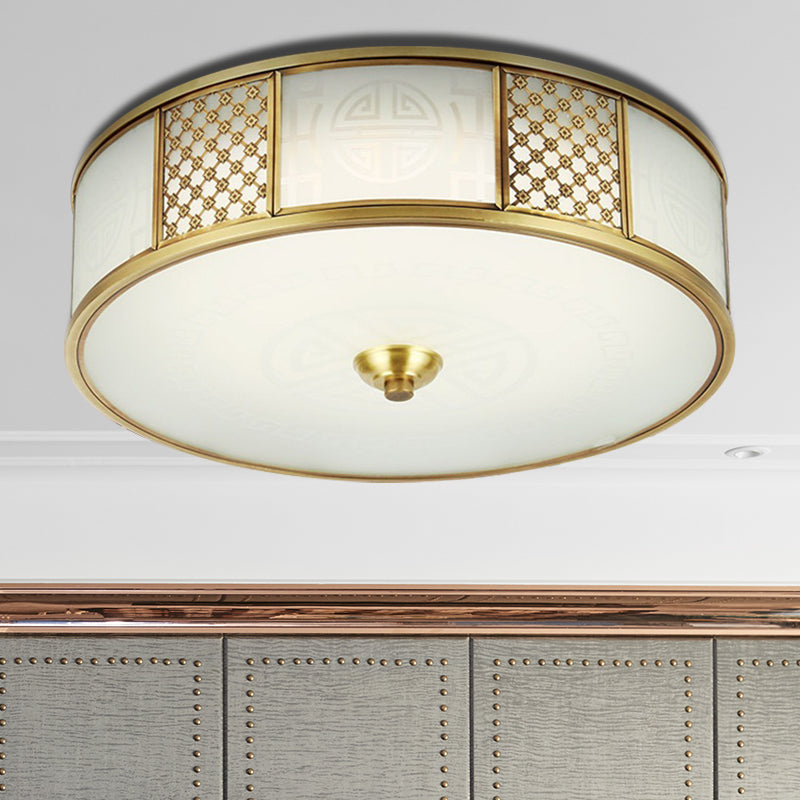 Colonial Drum Flush Mount Ceiling Light 14"/18" Wide 4 Lights Milky Glass Flushmount  in Brass