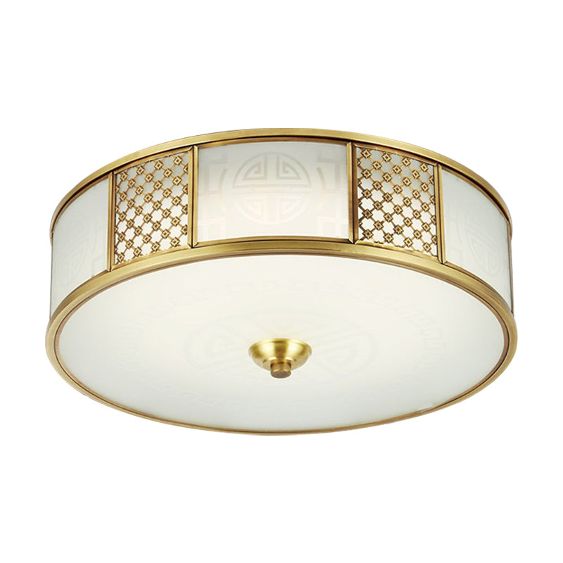 Colonial Drum Flush Mount Ceiling Light 14"/18" Wide 4 Lights Milky Glass Flushmount  in Brass