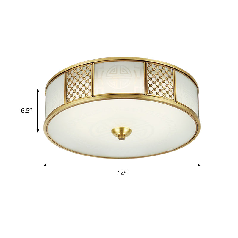 Colonial Drum Flush Mount Ceiling Light 14"/18" Wide 4 Lights Milky Glass Flushmount  in Brass