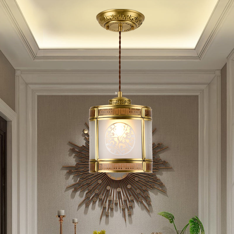 Cilindro lampada a sospensione in vetro smerigliato tradizionale 1 corridoio la luce appendere la luce del soffitto in ottone con telaio metallico