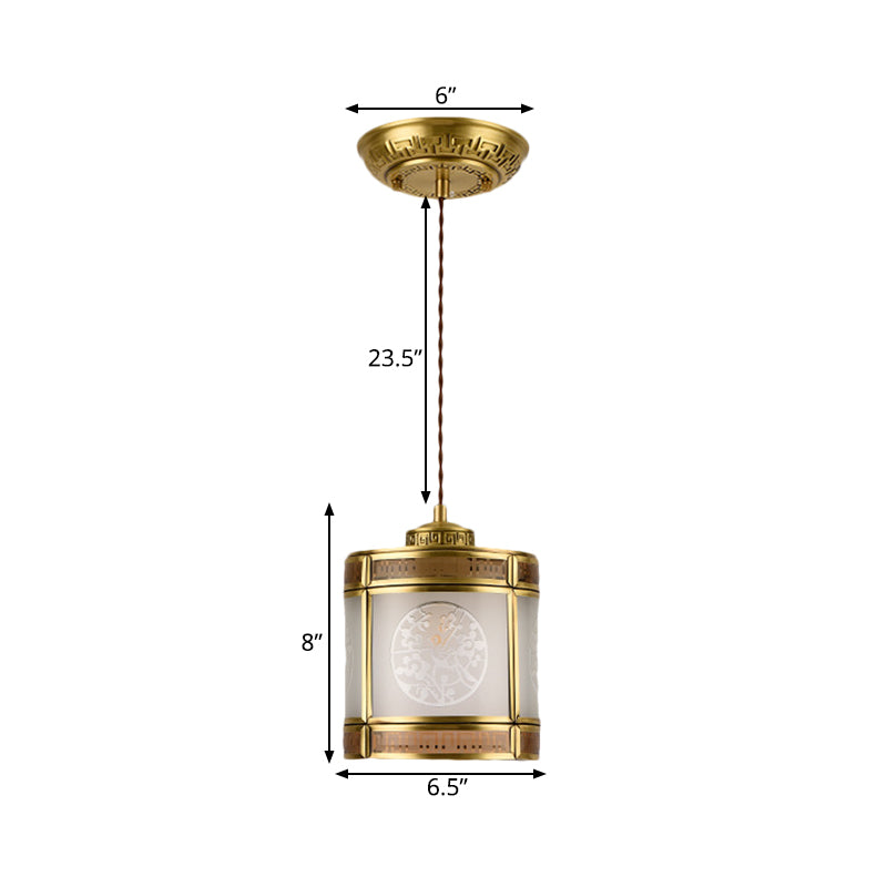 Lámpara colgante de vidrio esbelto de cilindro Tradicional 1 Corredor de luz Luz de techo colgante en latón con marco de metal
