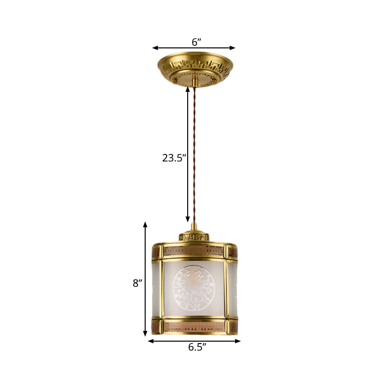 Zylinder gefrostete Glasanhängerlampe Traditioneller 1 leichter Korridor hängende Deckenleuchte in Messing mit Metallrahmen