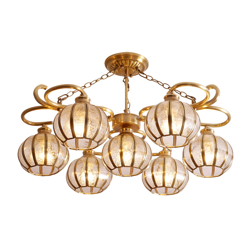 7 Heads Globe Semi Flush Light Traditional Gold Frosted Glass Ceiling Mounted Lamp