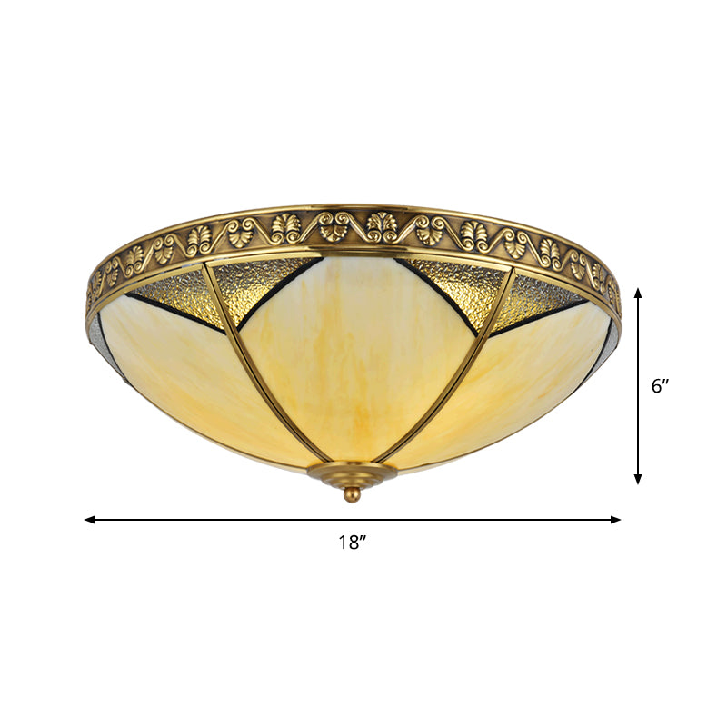 3 Lights Beige Glass Flush Mount Rural Brass Dome Living Room Ceiling Flush Mounted Lamp