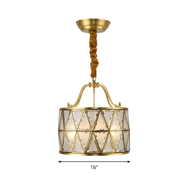 Drum Frosted Glass Chandelier Pendant Lamp Traditional 4/6 Lights 16"/19" Wide Dining Room Hanging Ceiling Light in Gold