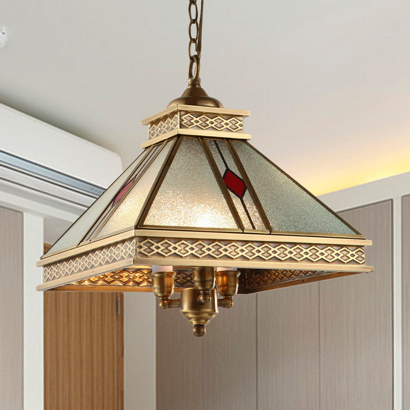 Pyramid Shaped Bedroom Ceiling Chandelier Retro Frosted Glass 3 Lights Gold Hanging Light Kit