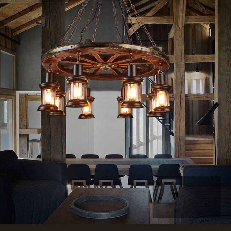 Cylindrical Pendant Industrial Wood Ceiling Pendant with Hanging Chain for Bar