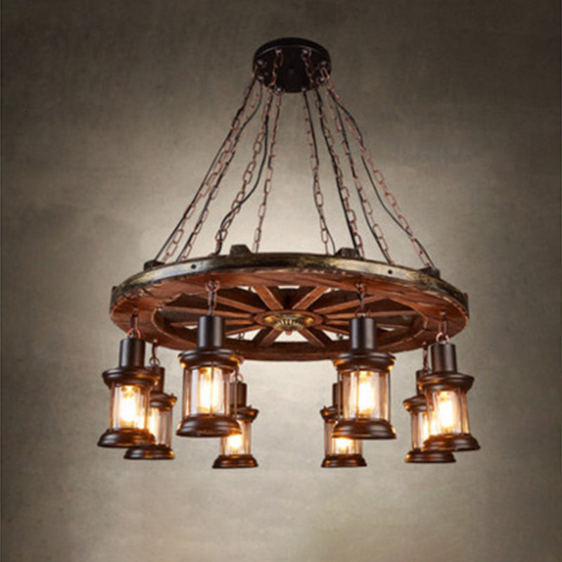 Cylindrical Pendant Industrial Wood Ceiling Pendant with Hanging Chain for Bar