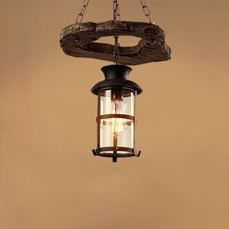 Cylindrical Pendant Industrial Wood Ceiling Pendant with Hanging Chain for Bar