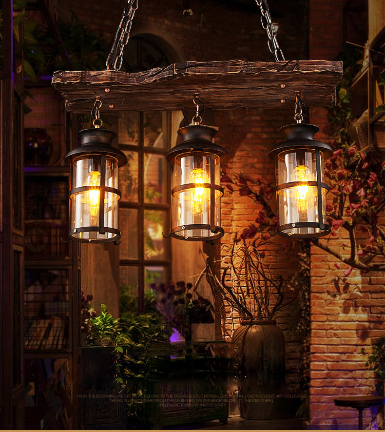 Cylindrical Pendant Industrial Wood Ceiling Pendant with Hanging Chain for Bar