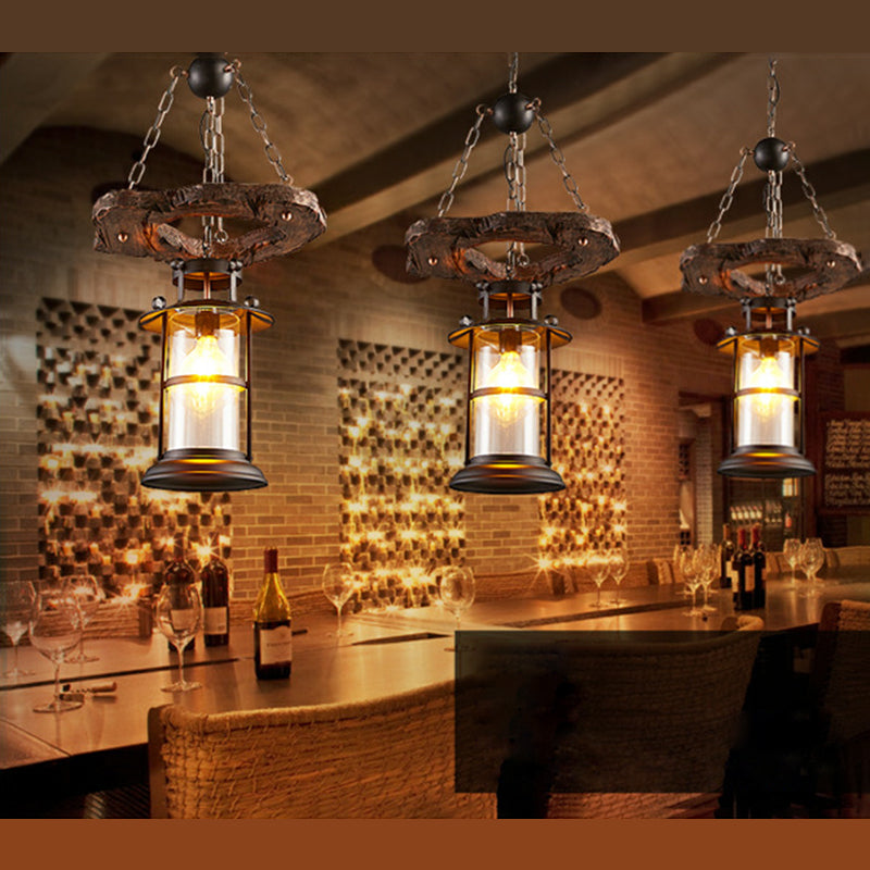 Cylindrical Pendant Industrial Wood Ceiling Pendant with Hanging Chain for Bar