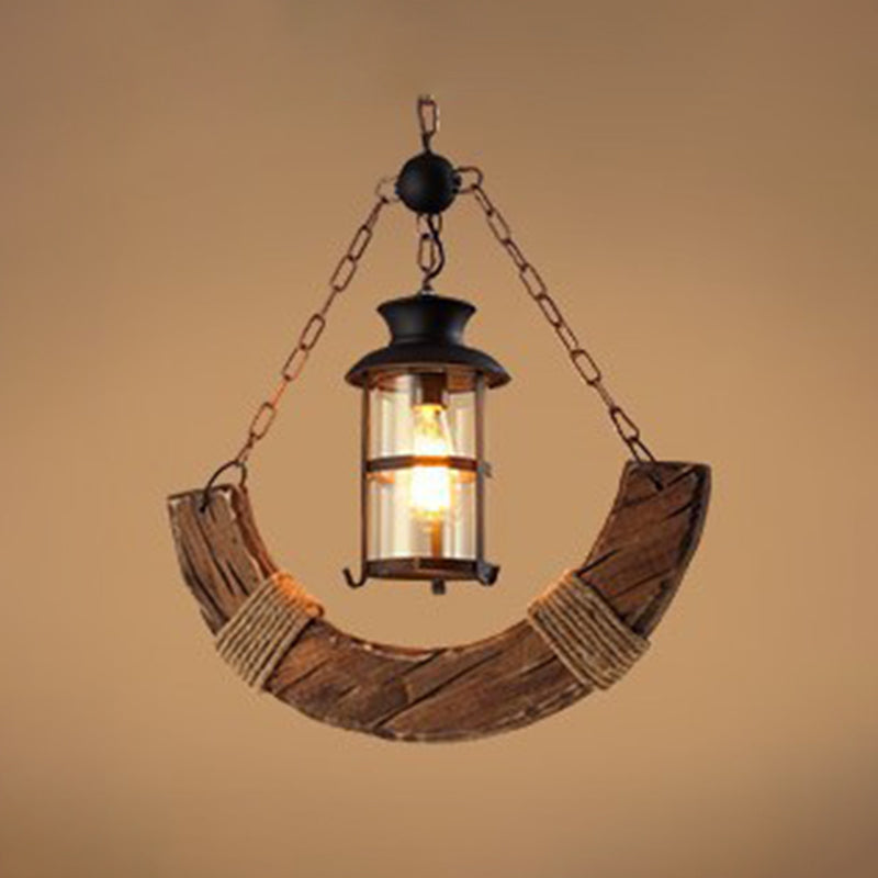 Cylindrical Pendant Industrial Wood Ceiling Pendant with Hanging Chain for Bar