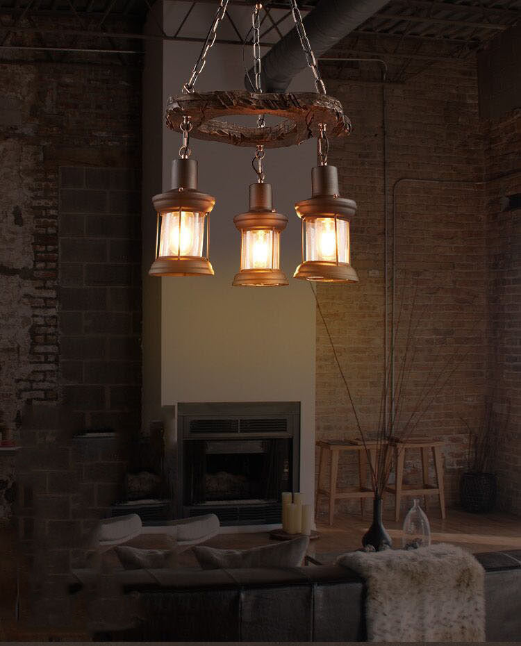 Cylindrical Pendant Industrial Wood Ceiling Pendant with Hanging Chain for Bar