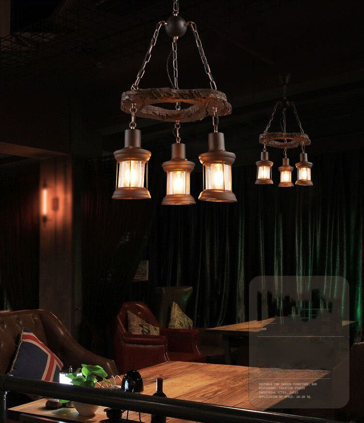 Cylindrical Pendant Industrial Wood Ceiling Pendant with Hanging Chain for Bar