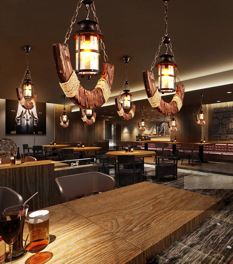 Cylindrical Pendant Industrial Wood Ceiling Pendant with Hanging Chain for Bar