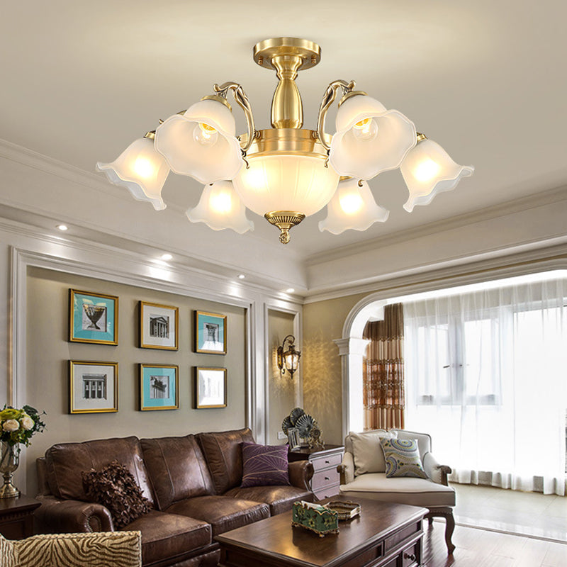 Brass Floral Flush Chandelier Colonial Style Frosted Glass Living Room Semi Flush Light