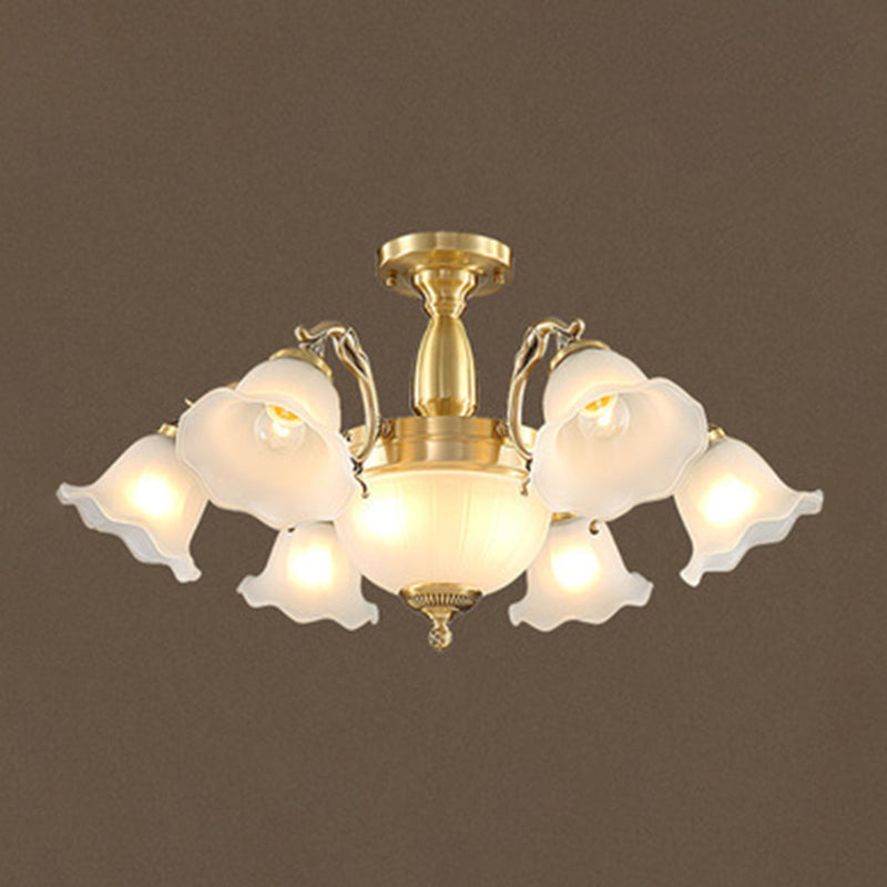 Brass Floral Flush Chandelier Colonial Style Frosted Glass Living Room Semi Flush Light