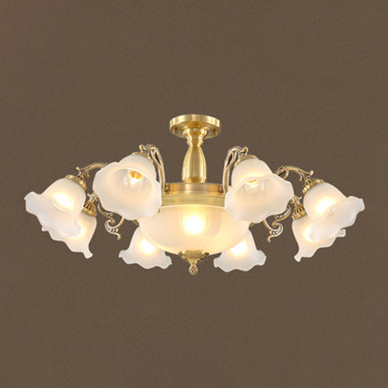 Brass Floral Flush Chandelier Colonial Style Frosted Glass Living Room Semi Flush Light