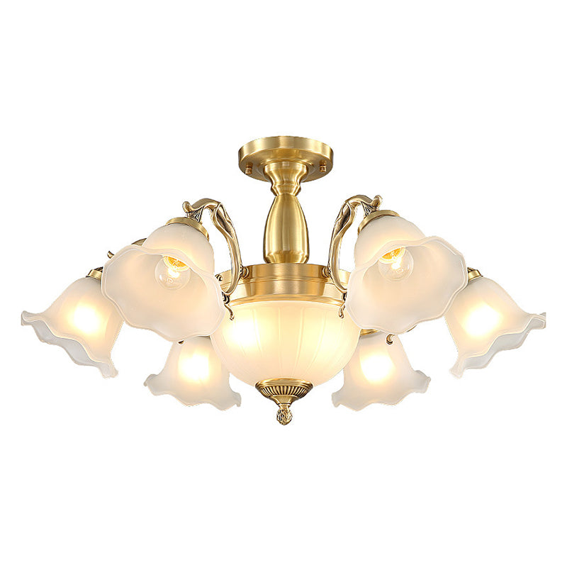 Chandelier floral en laiton Style colonial Grossé salon en verre semi-luxueux Light