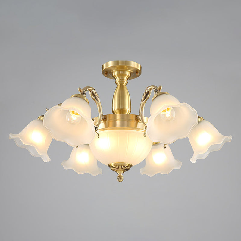 Brass Floral Flush Chandelier Colonial Style Frosted Glass Living Room Semi Flush Light