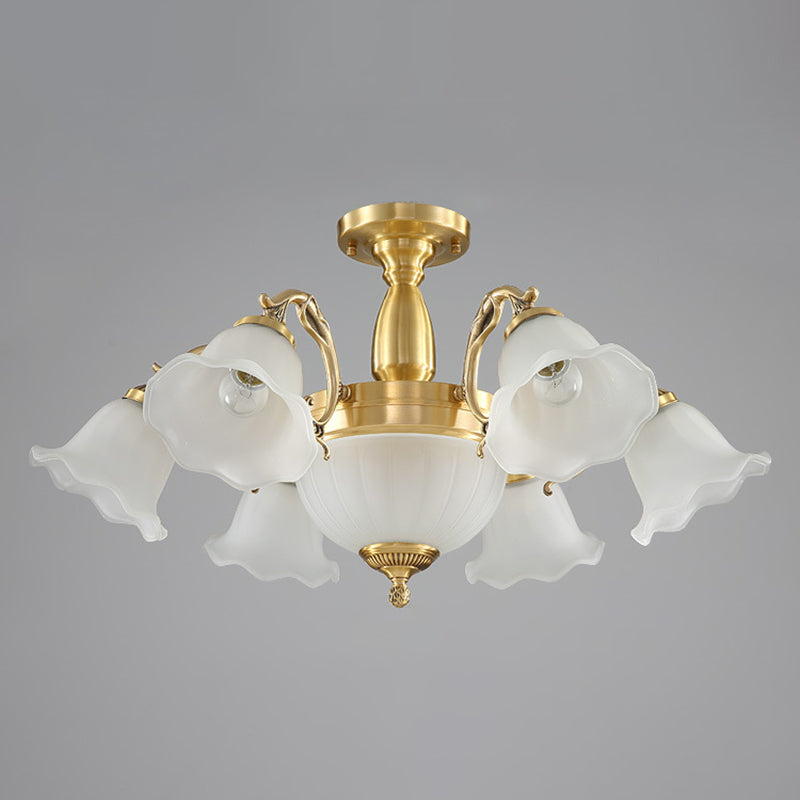 Brass Floral Flush Chandelier Colonial Style Frosted Glass Living Room Semi Flush Light