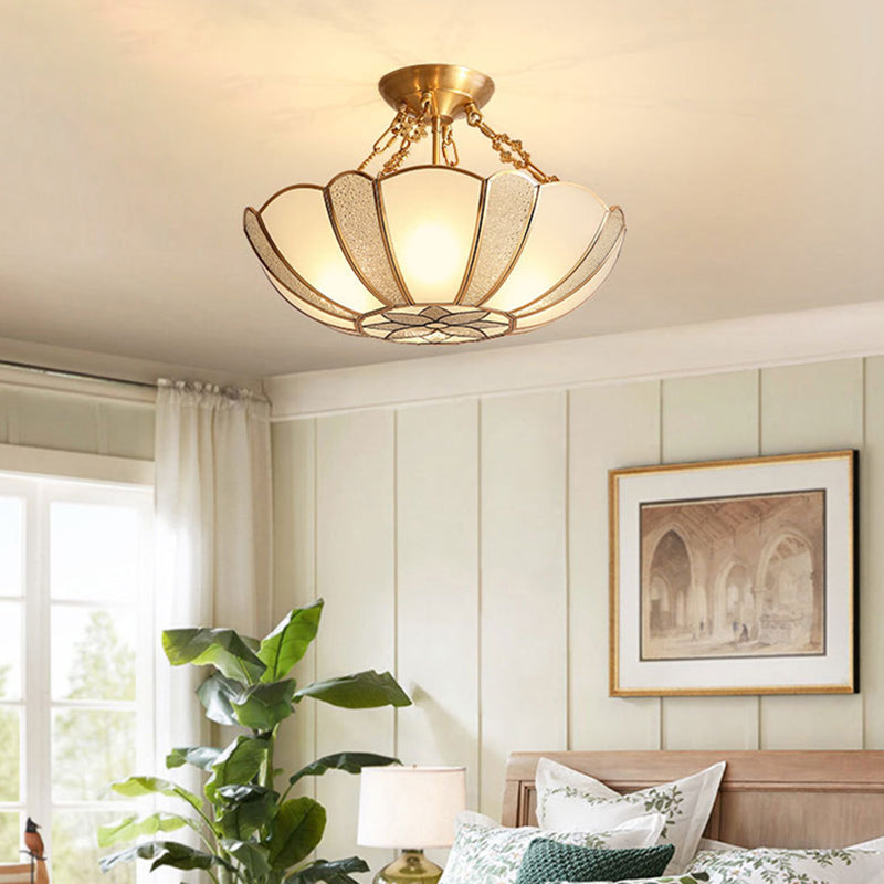 Textured Frosted Glass Scalloped Ceiling Lamp Vintage 4-Bulb Kitchen Semi Flush Mount Light in Brass