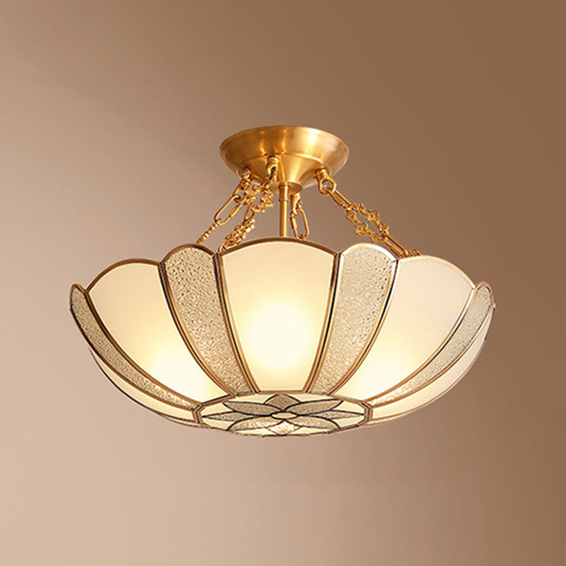 Textured Frosted Glass Scalloped Ceiling Lamp Vintage 4-Bulb Kitchen Semi Flush Mount Light in Brass