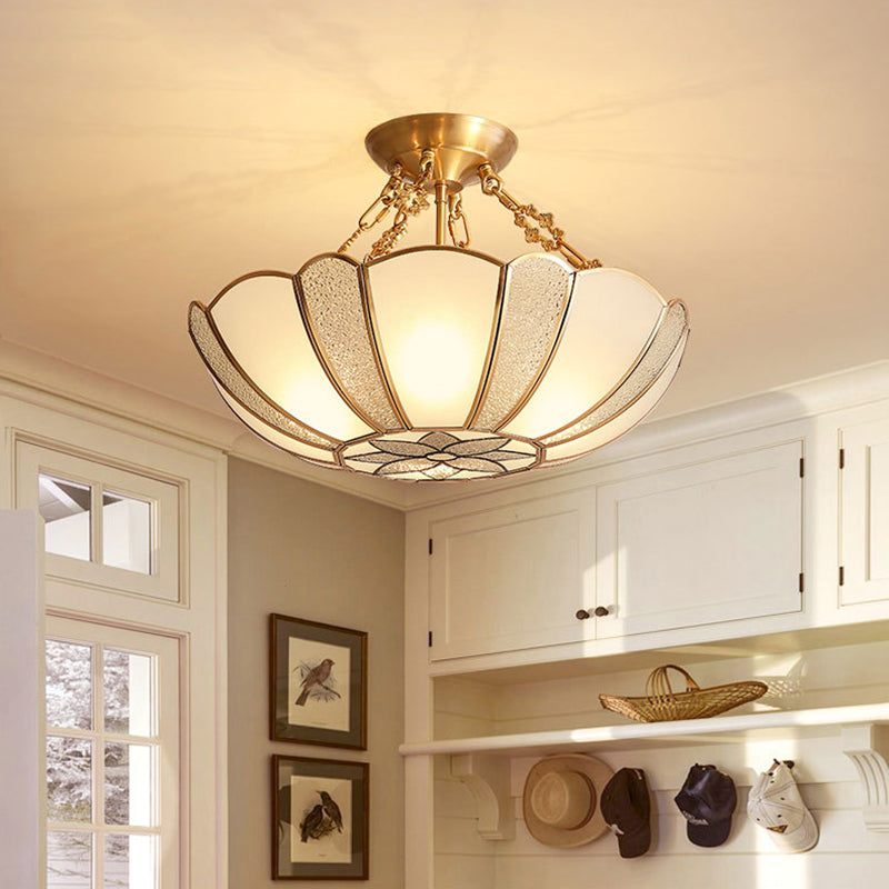 Textured Frosted Glass Scalloped Ceiling Lamp Vintage 4-Bulb Kitchen Semi Flush Mount Light in Brass