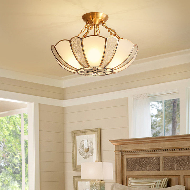 Textured Frosted Glass Scalloped Ceiling Lamp Vintage 4-Bulb Kitchen Semi Flush Mount Light in Brass