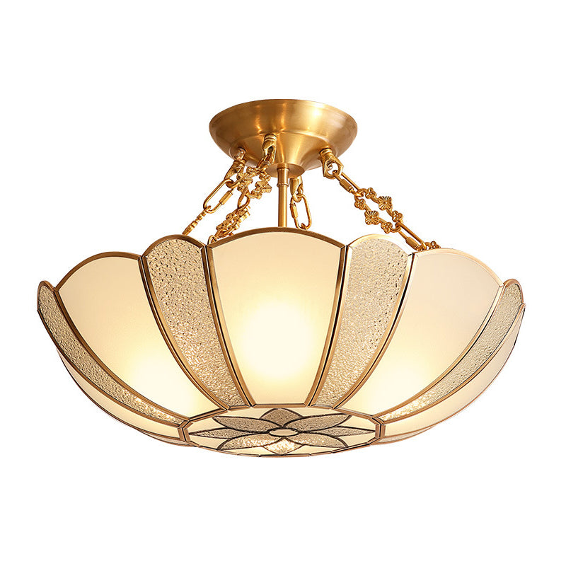 Textured Frosted Glass Scalloped Ceiling Lamp Vintage 4-Bulb Kitchen Semi Flush Mount Light in Brass