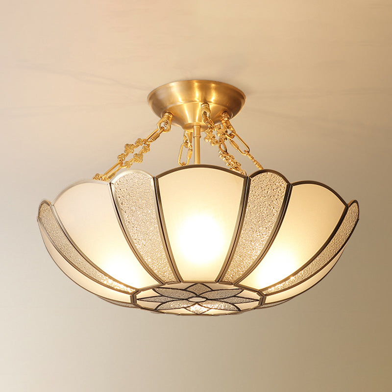 Textured Frosted Glass Scalloped Ceiling Lamp Vintage 4-Bulb Kitchen Semi Flush Mount Light in Brass