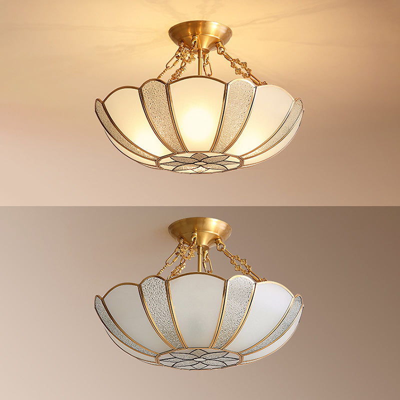 Textured Frosted Glass Scalloped Ceiling Lamp Vintage 4-Bulb Kitchen Semi Flush Mount Light in Brass