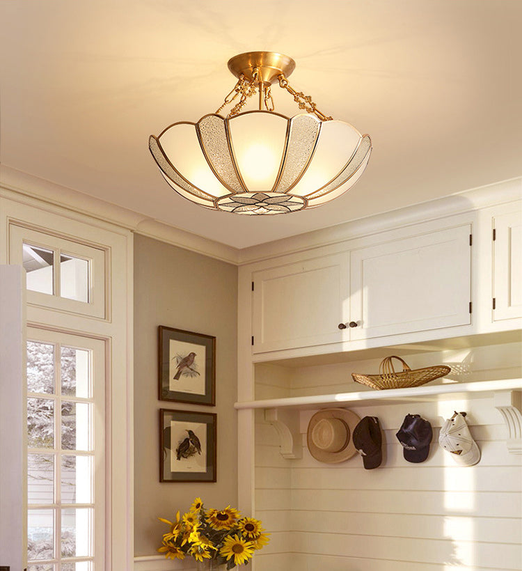 Textured Frosted Glass Scalloped Ceiling Lamp Vintage 4-Bulb Kitchen Semi Flush Mount Light in Brass