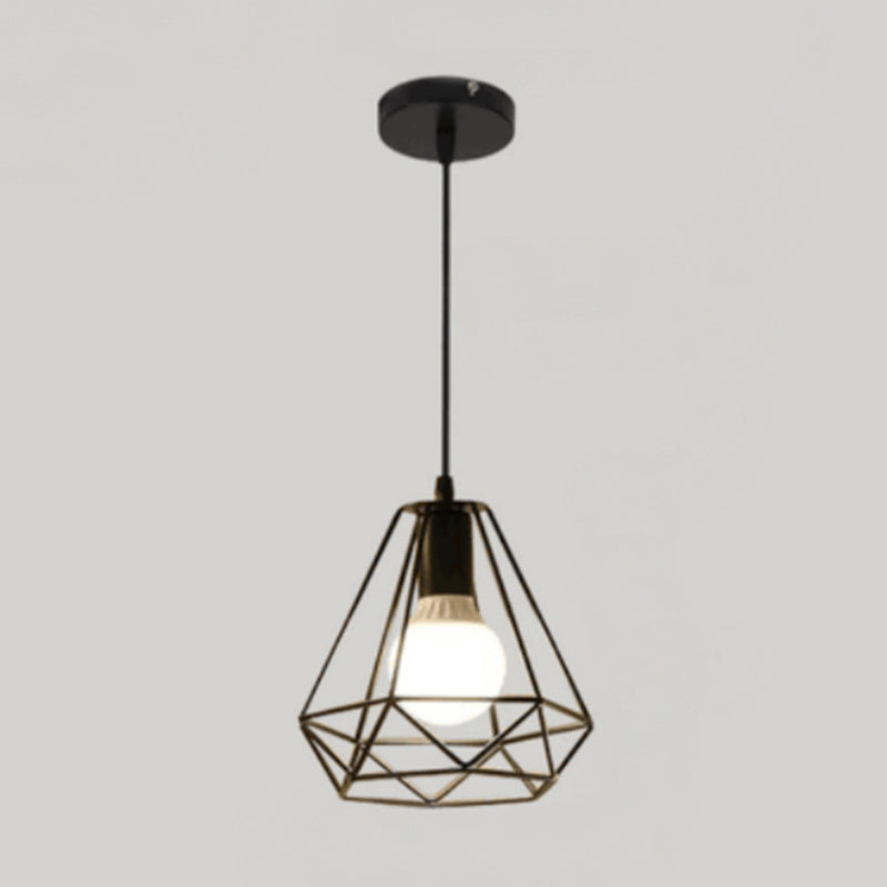 Diamond Shaped Metal Cage Hanging Light Single Bulb Industrial Style Coffee Shop Hallway Pendant Lamp