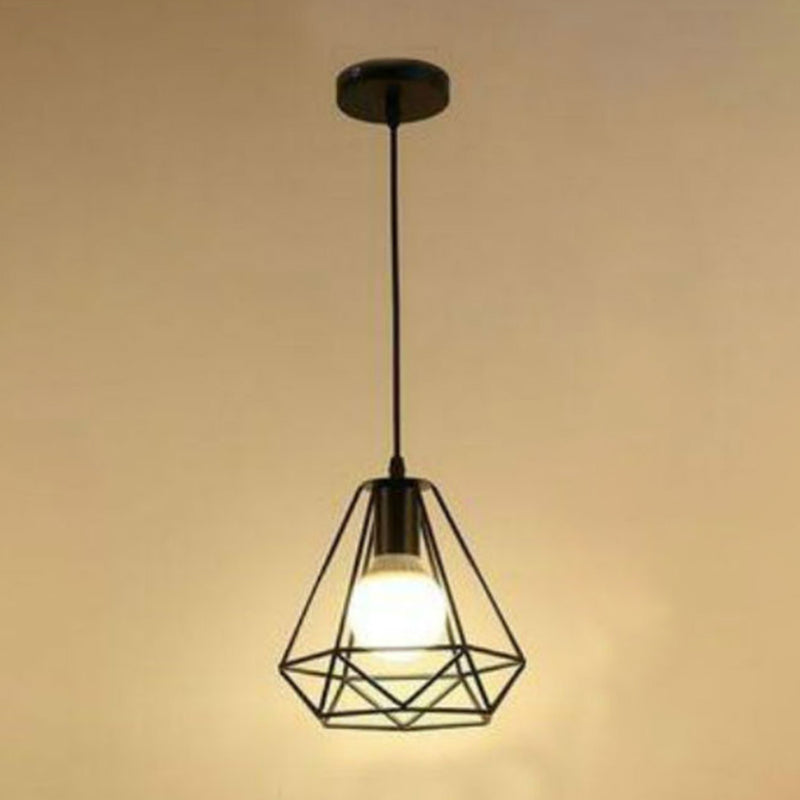 Diamond Shaped Metal Cage Hanging Light Single Bulb Industrial Style Coffee Shop Hallway Pendant Lamp