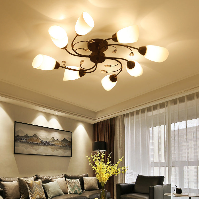 White Glass Shade Semi Flush Mount Lighting Modern Black Swirled Arm Ceiling Light for Living Room