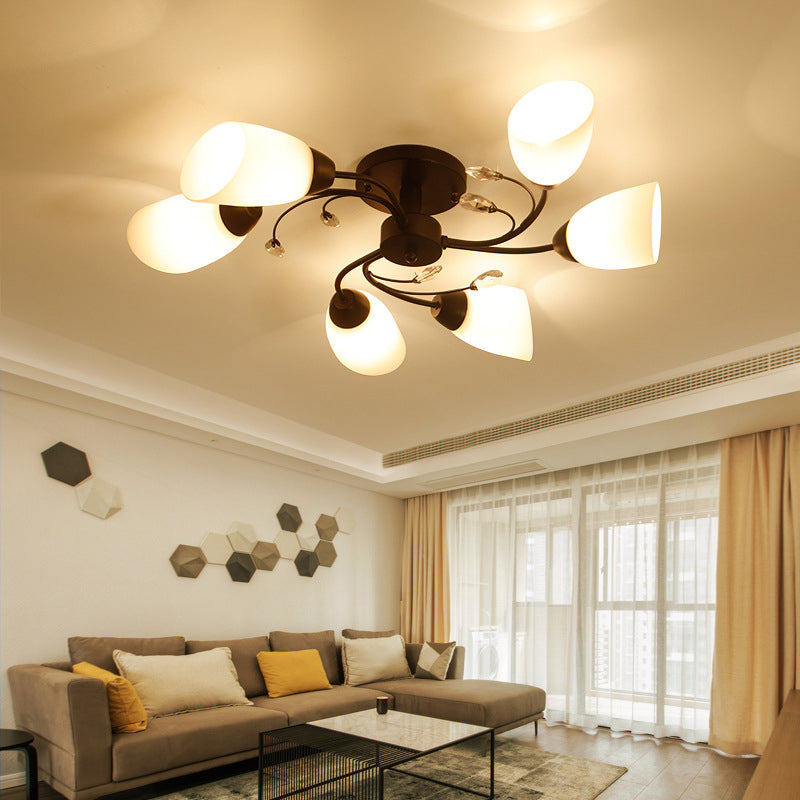 White Glass Shade Semi Flush Mount Lighting Modern Black Swirled Arm Ceiling Light for Living Room